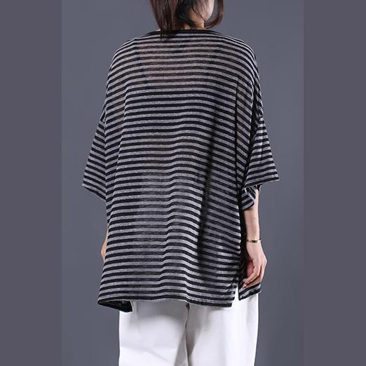Classy side open cotton Long Shirts Tunic Tops black striped o neck blouse summer - Omychic