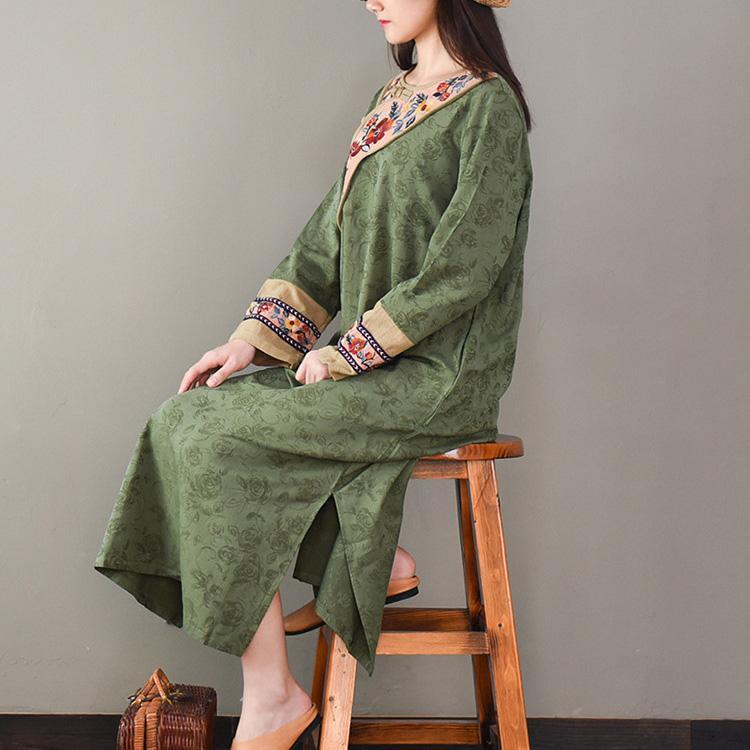 Classy side open cotton patchwork Tunics linen green jacquard Dress - Omychic