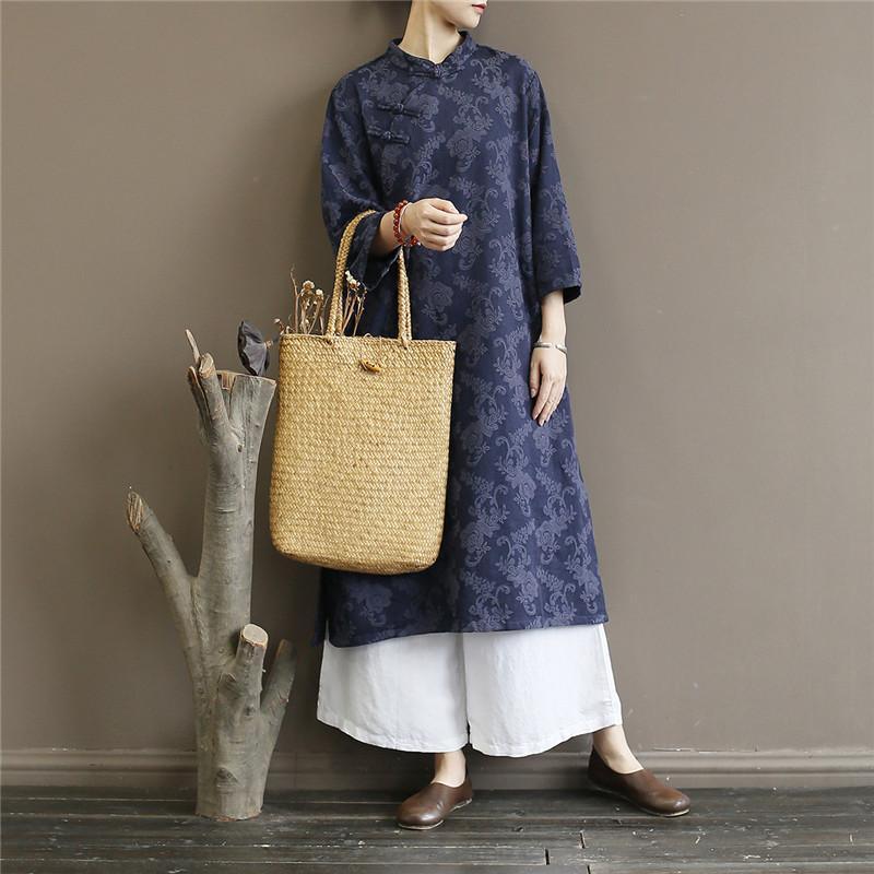 Classy side open cotton stand collar Tunic Work Outfits blue jacquard long Dresses - Omychic