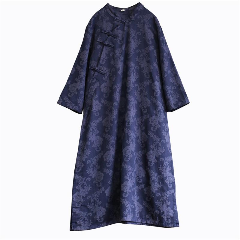 Classy side open cotton stand collar Tunic Work Outfits blue jacquard long Dresses - Omychic