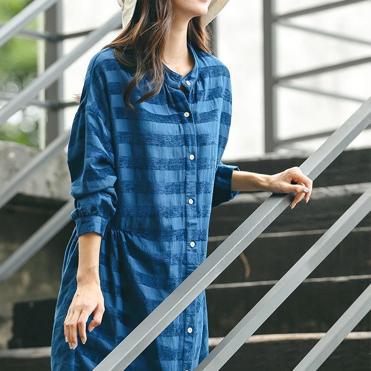 Classy stand collar Button Down linen outfit Boho Fabrics blue striped  short Dress summer - Omychic