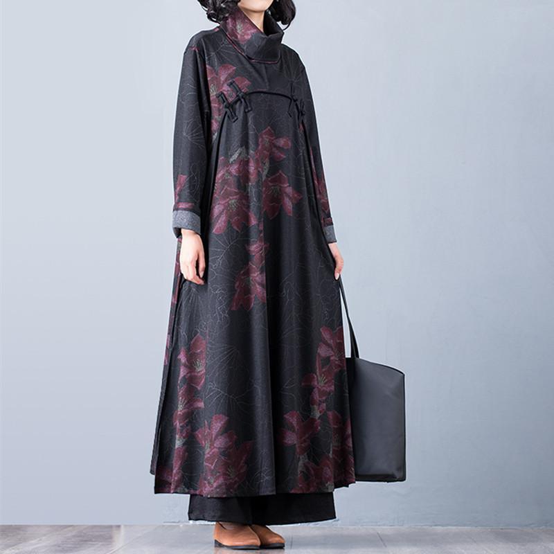 Classy stand collar Chinese Button cotton fall outfit Tunic Tops red print Kaftan Dresses - Omychic