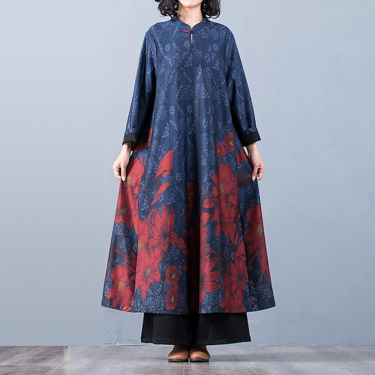 Classy stand collar cotton long sleeve dresses pattern blue floral Art Dresses - Omychic