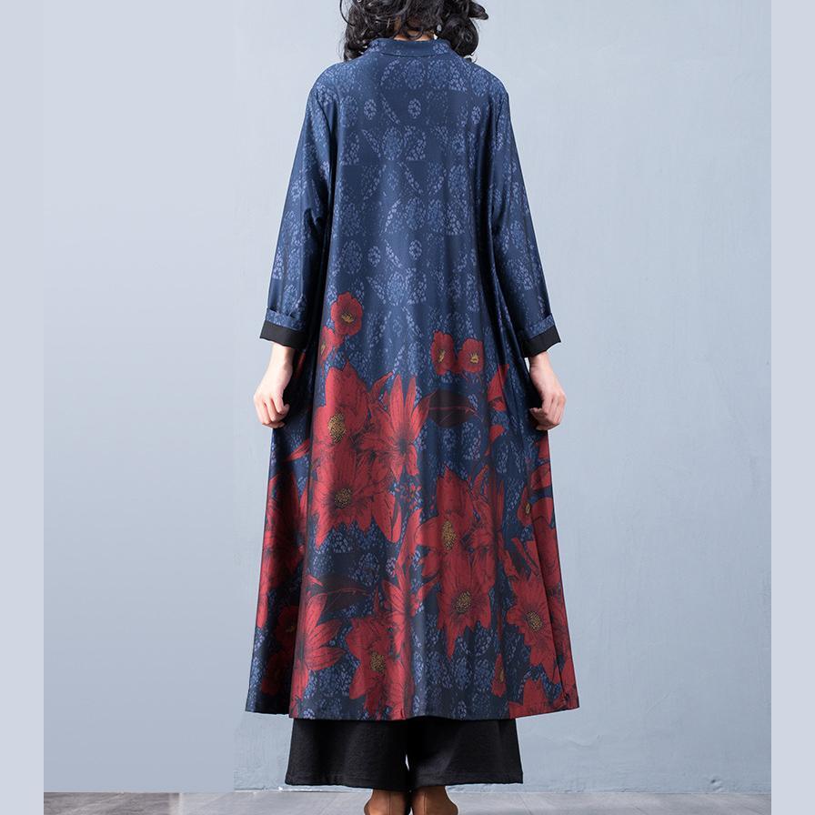 Classy stand collar cotton long sleeve dresses pattern blue floral Art Dresses - Omychic