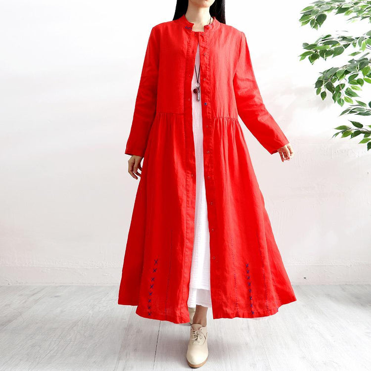 Classy stand collar linen clothes For Women Cotton red long sleeve Dress autumn - Omychic