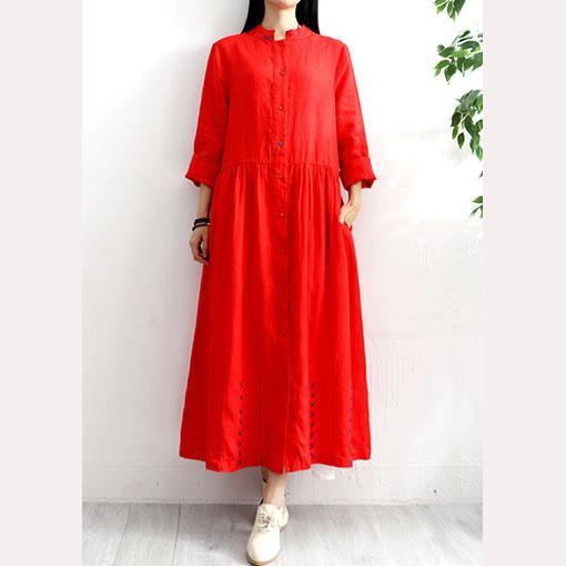 Classy stand collar linen clothes For Women Cotton red long sleeve Dress autumn - Omychic