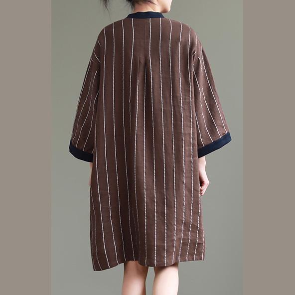 Classy stand collar linen clothes Metropolitan Museum Tutorials khaki striped cotton Dresses - Omychic