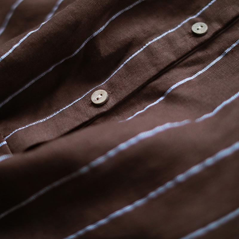 Classy stand collar linen clothes Metropolitan Museum Tutorials khaki striped cotton Dresses - Omychic