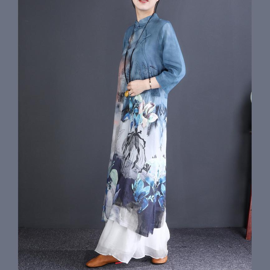 Classy stand collar linen clothes Women Sewing blue print Maxi Dress - Omychic
