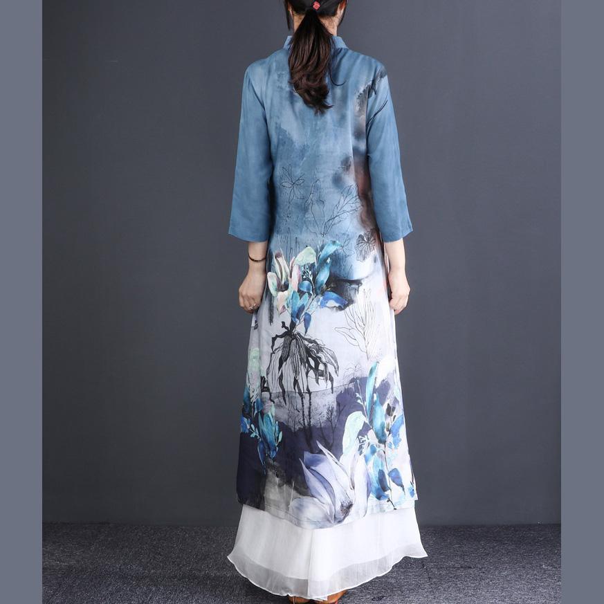 Classy stand collar linen clothes Women Sewing blue print Maxi Dress - Omychic