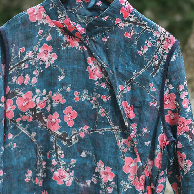 Classy stand collar pockets linen Robes Boho Sewing blue print Vestidos De Lino Dress Summer - Omychic