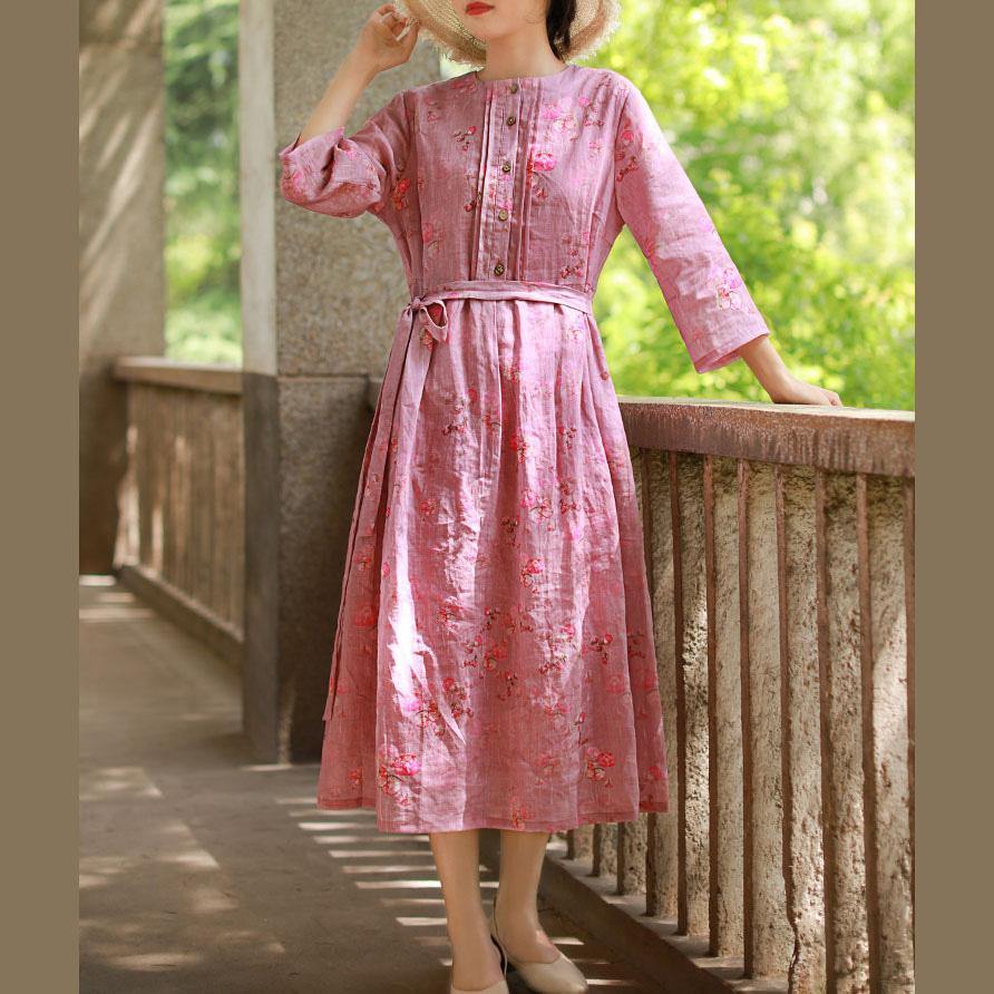 Classy tie waist linen clothes For Women pattern prints Dresses fall - Omychic