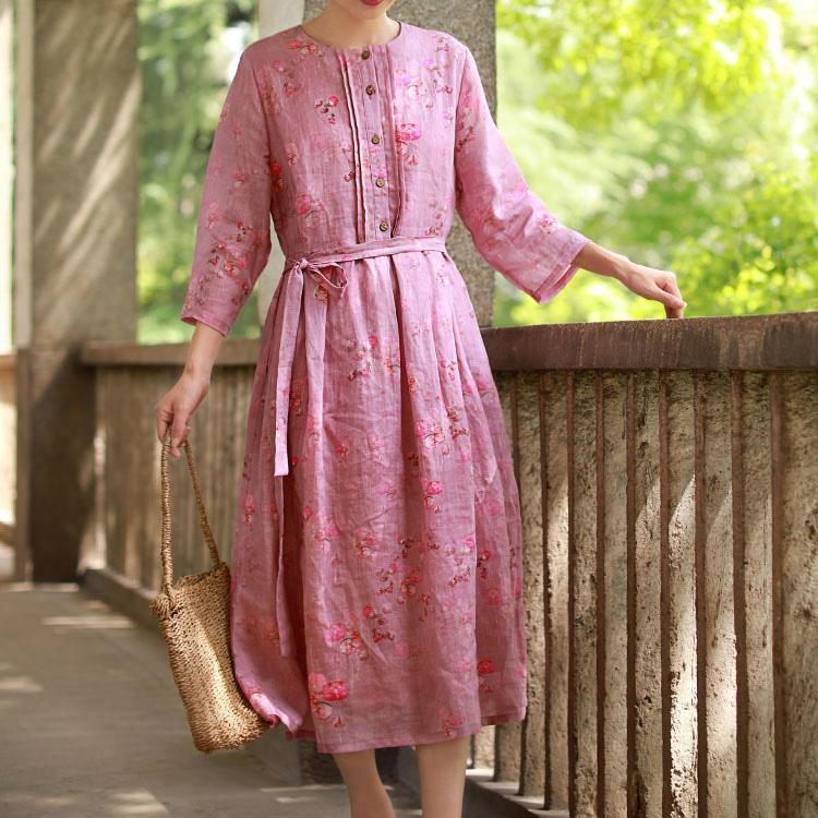 Classy tie waist linen clothes For Women pattern prints Dresses fall - Omychic
