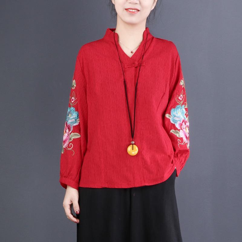 Classy v neck embroidery linen cotton shirts women top quality Photography red Midi blouse - Omychic