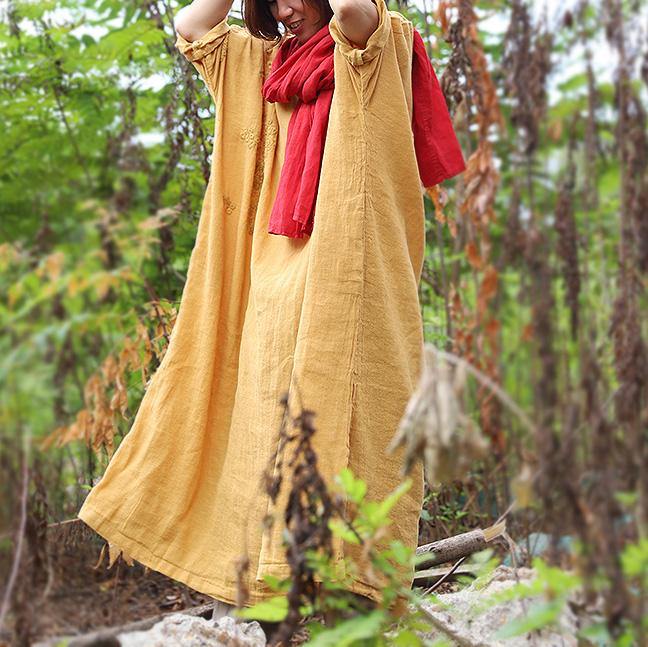 Classy v neck embroidery pockets cotton Tunic Work Outfits yellow long Dresses - Omychic