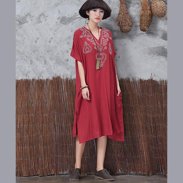 Classy v neck linen clothes For Women Fabrics red embroidery Dress side open summer - Omychic