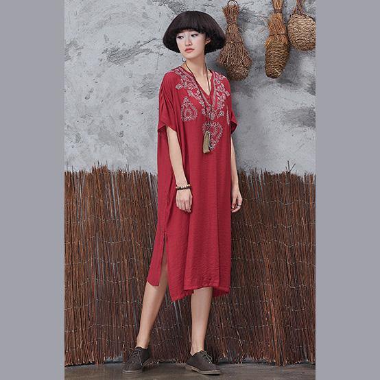 Classy v neck linen clothes For Women Fabrics red embroidery Dress side open summer - Omychic