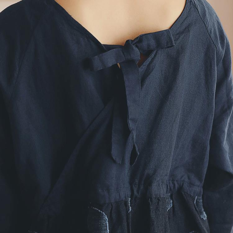 Classy v neck linen outfit Metropolitan Museum Shirts dark blue dotted short Dresses spring - Omychic