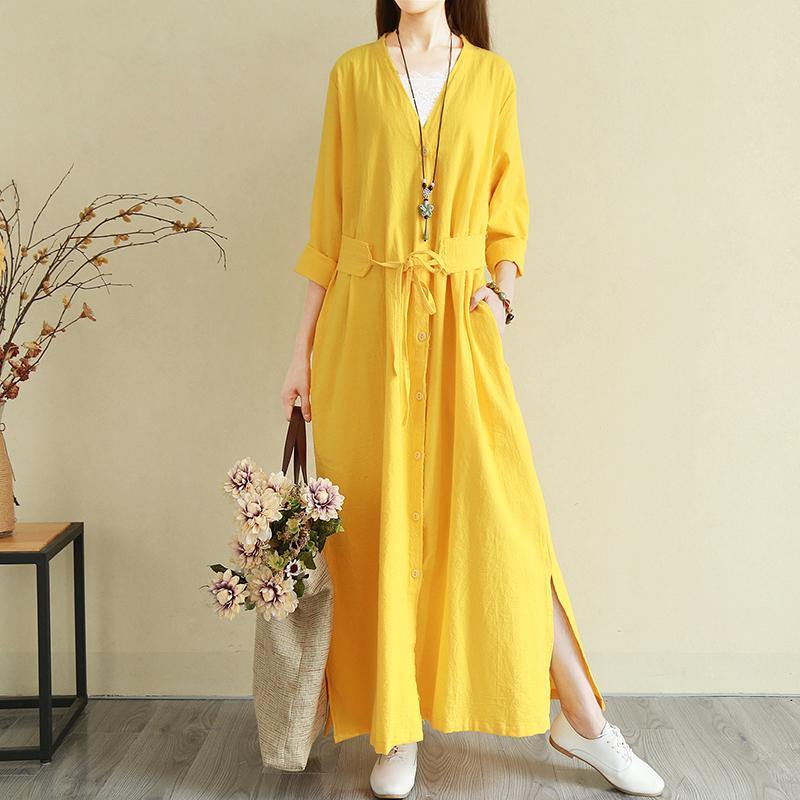 Classy v neck pockets cotton linen dresses Casual Sleeve yellow Traveling Dress - Omychic