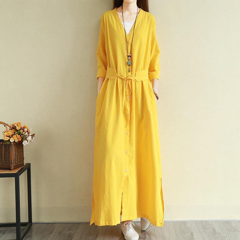 Classy v neck pockets cotton linen dresses Casual Sleeve yellow Traveling Dress - Omychic