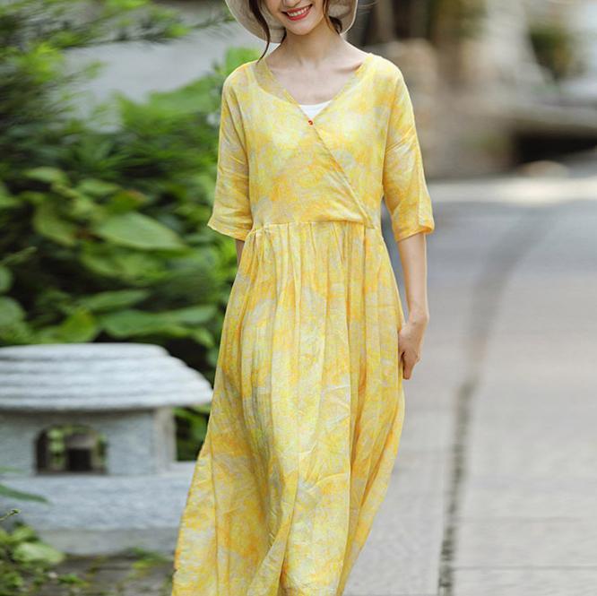 Classy yellow linen Wardrobes stylish Sewing v neck embroidery Maxi summer Dress - Omychic