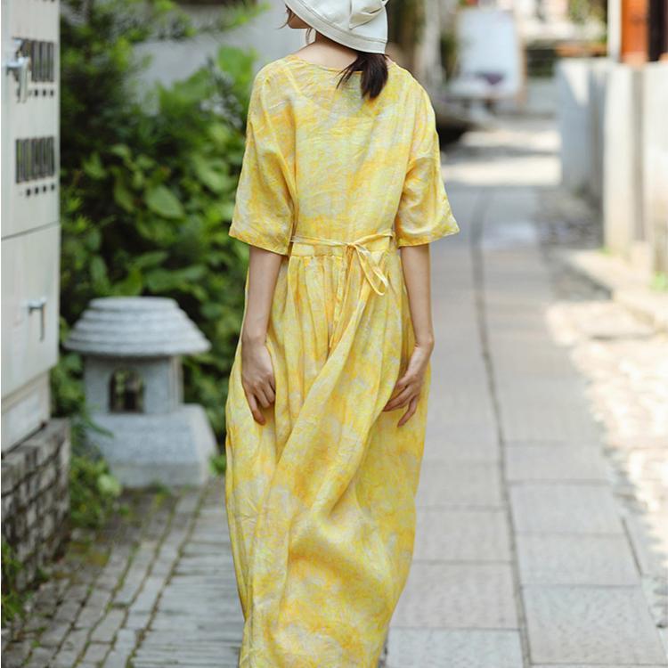 Classy yellow linen Wardrobes stylish Sewing v neck embroidery Maxi summer Dress - Omychic