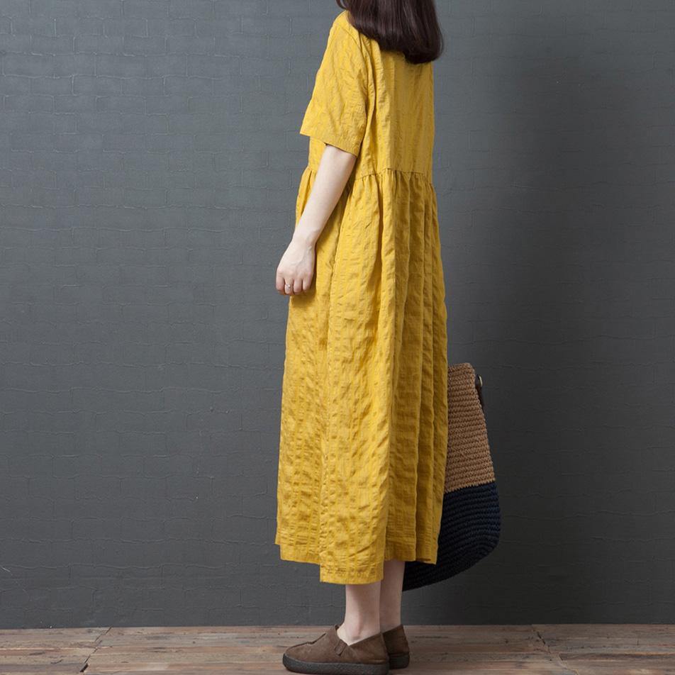 Classy yellow linen clothes For Women o neck wrinkled linen robes summer Dresses - Omychic