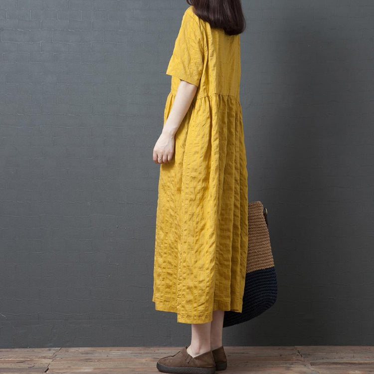 Classy yellow linen clothes For Women o neck wrinkled linen robes summer Dresses - Omychic