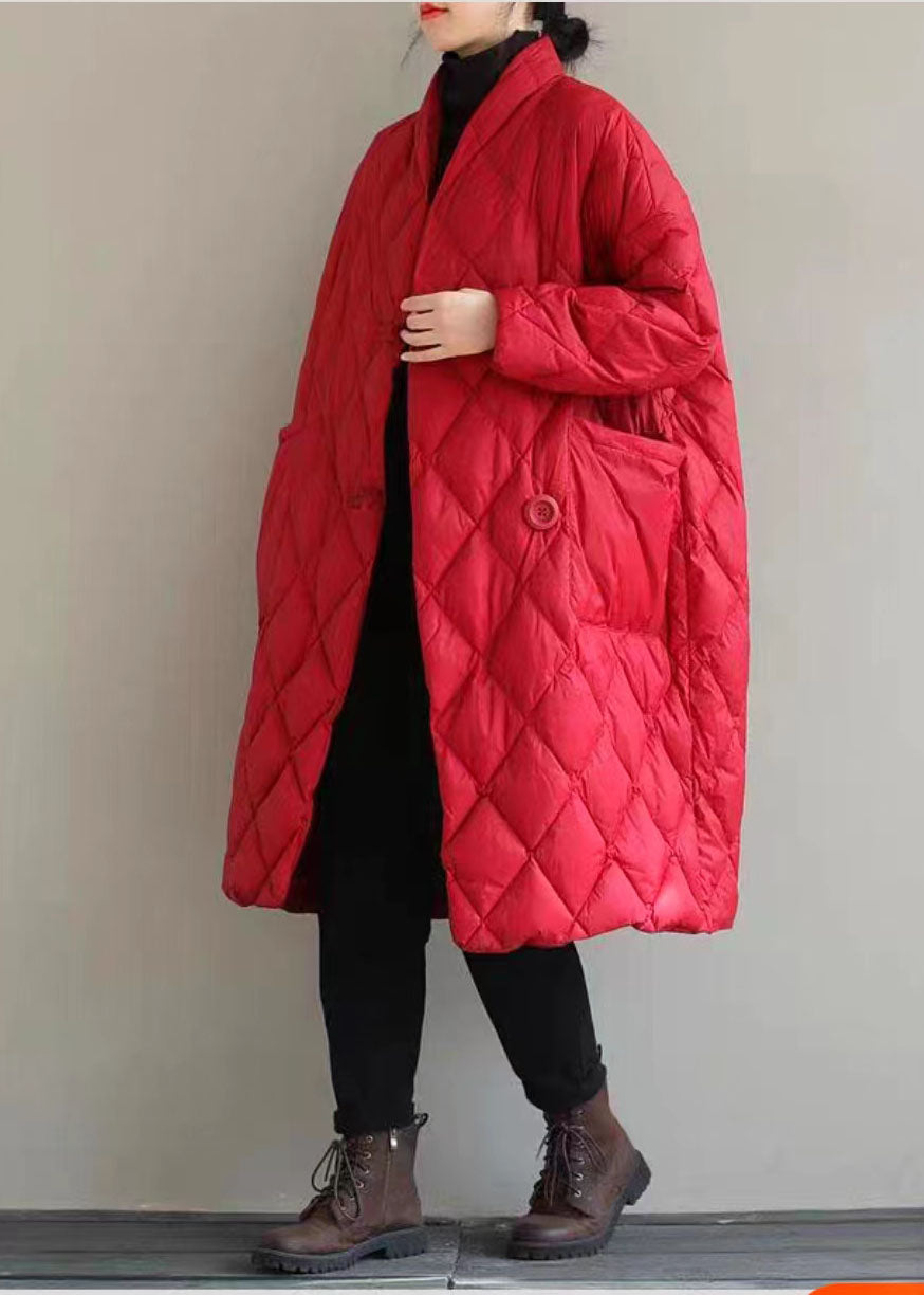 Classy Red Stand Collar Solid Big Pockets Fine Cotton Filled Puffers Jackets Winter