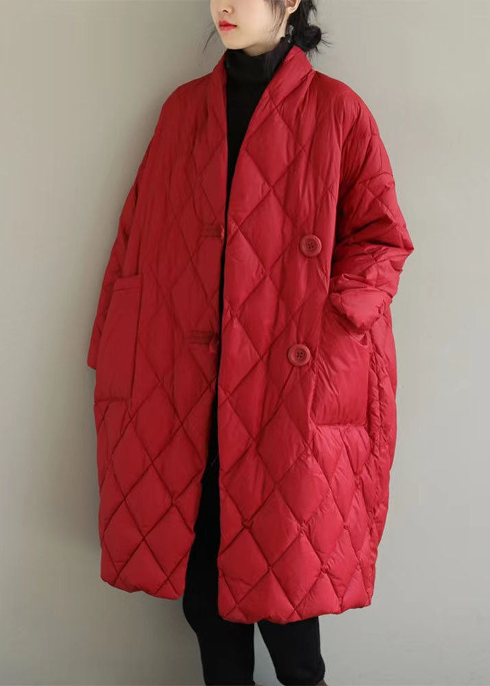 Classy Red Stand Collar Solid Big Pockets Fine Cotton Filled Puffers Jackets Winter
