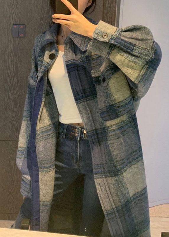 Club Grey Blue Plaid Button side open Fall Woolen Long sleeve Trench - Omychic
