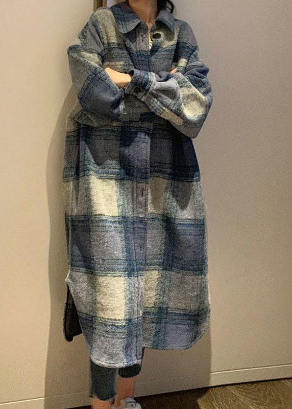 Club Grey Blue Plaid Button side open Fall Woolen Long sleeve Trench - Omychic