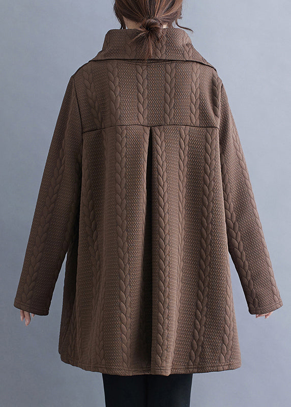 Coffee Asymmetrical Zip Up Cotton Top Turtleneck Winter