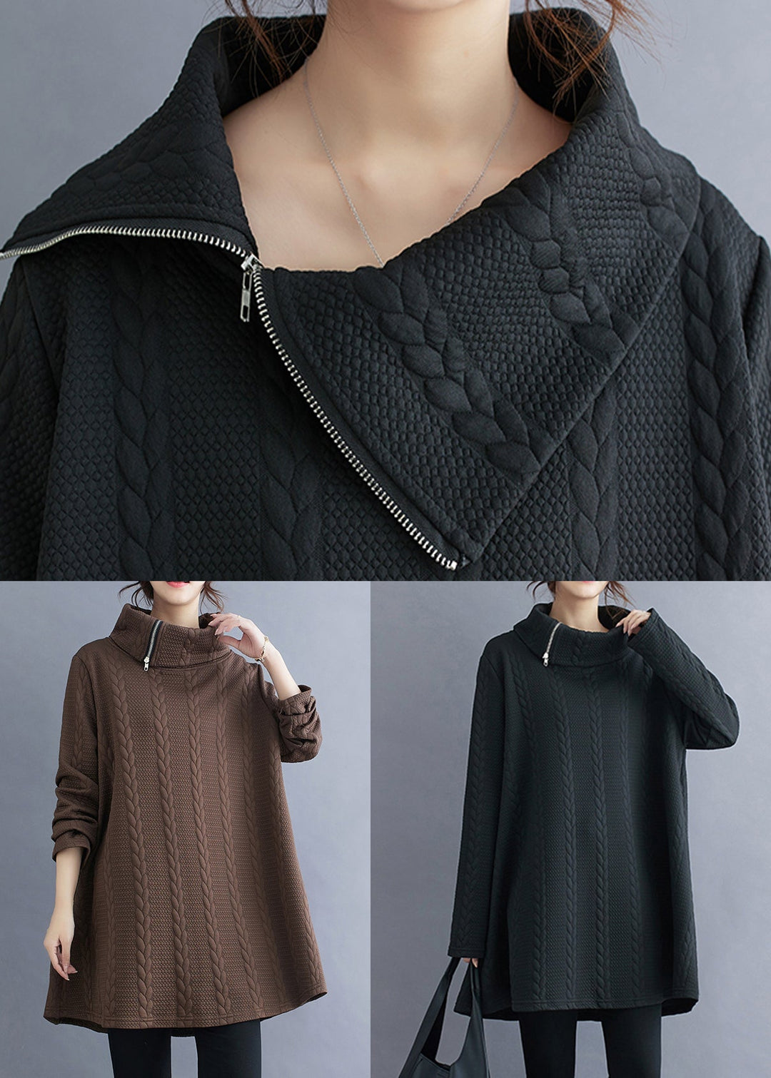 Coffee Asymmetrical Zip Up Cotton Top Turtleneck Winter