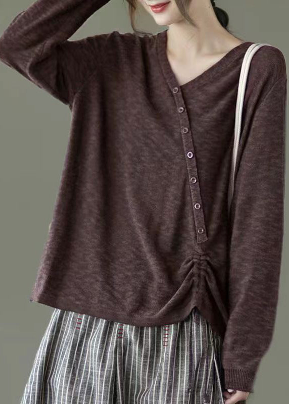 Coffee Button Lace Up Patchwork Knitting Top V Neck Long Sleeve