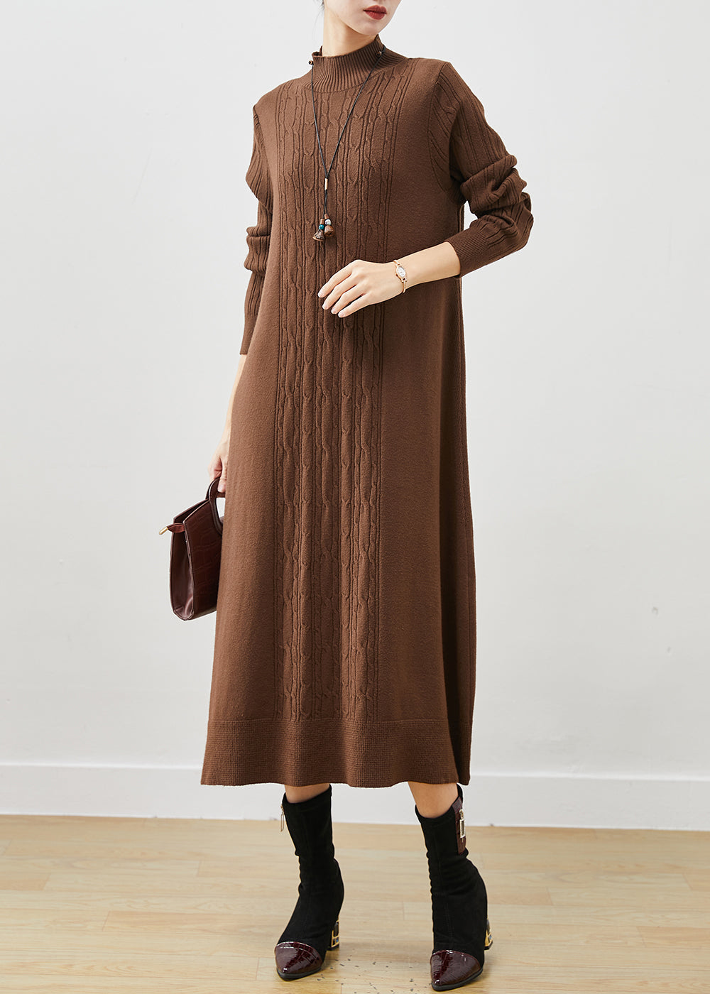 Coffee Cable Knit Long Dress Stand Collar Oversized Spring