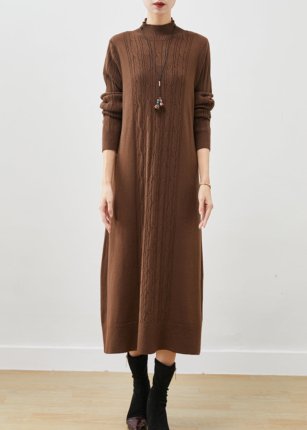 Coffee Cable Knit Long Dress Stand Collar Oversized Spring