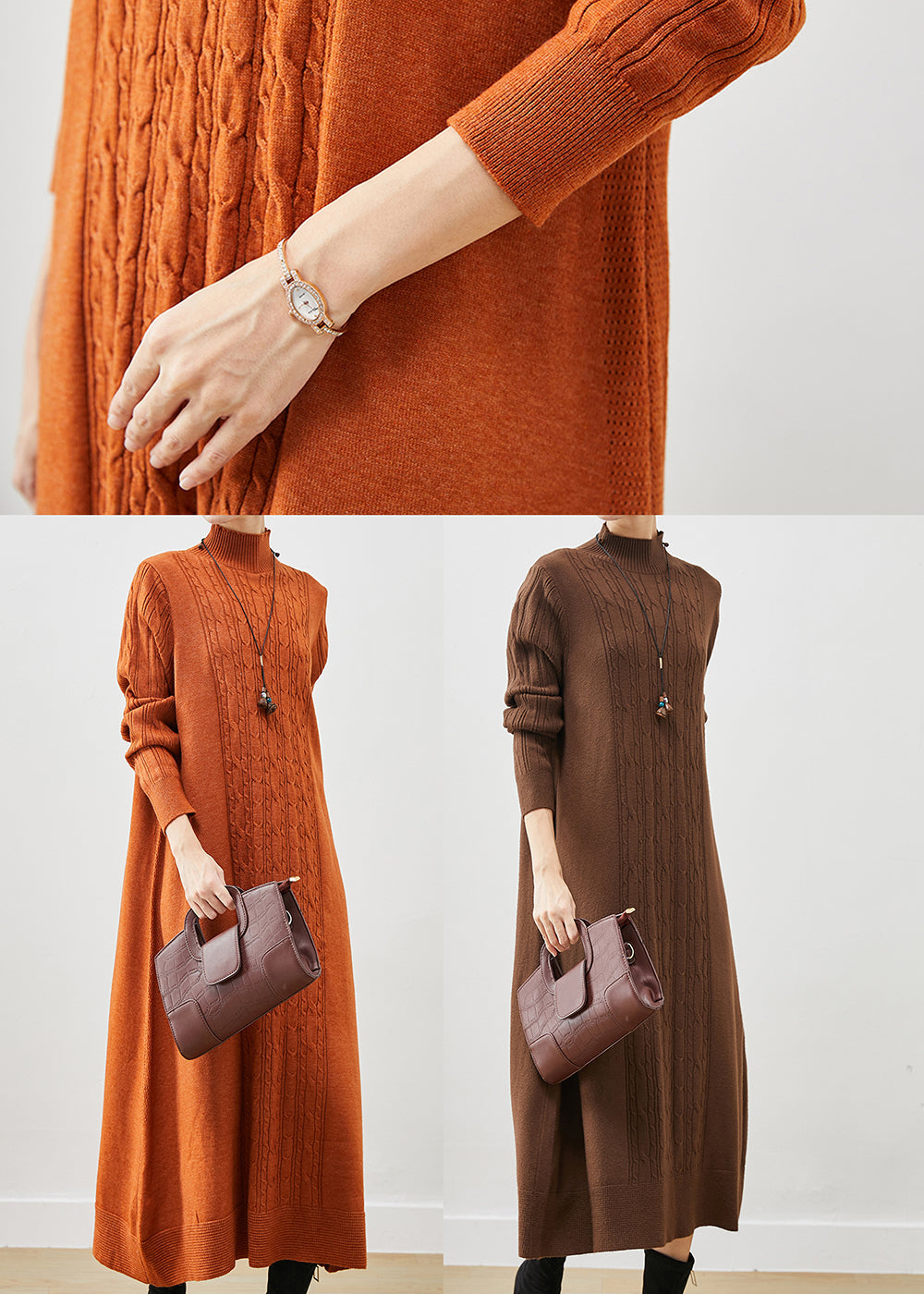 Coffee Cable Knit Long Dress Stand Collar Oversized Spring