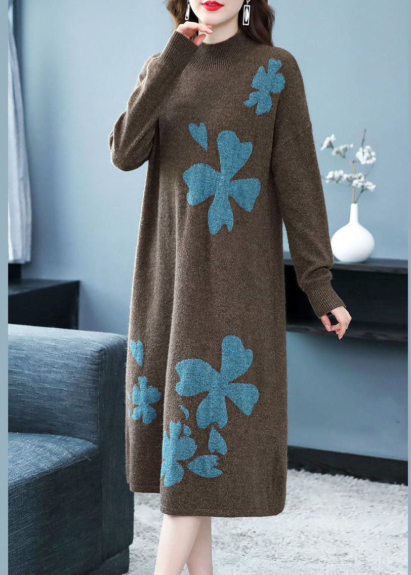 Coffee Cashmere Long Sweater Dress Stand Collar Embroideried Long Sleeve