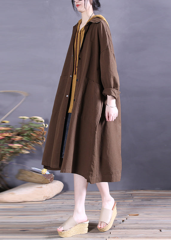 Coffee Colour Peter Pan Collar Pockets Cotton Trench Coats Long Sleeve