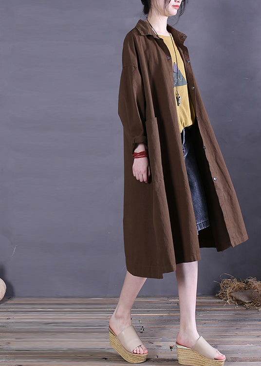 Coffee Colour Peter Pan Collar Pockets Cotton Trench Coats Long Sleeve