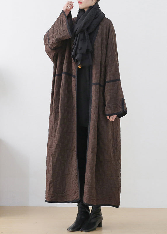 Coffee Colour V Neck Patchwork Woolen Trench Coats Long Sleeve