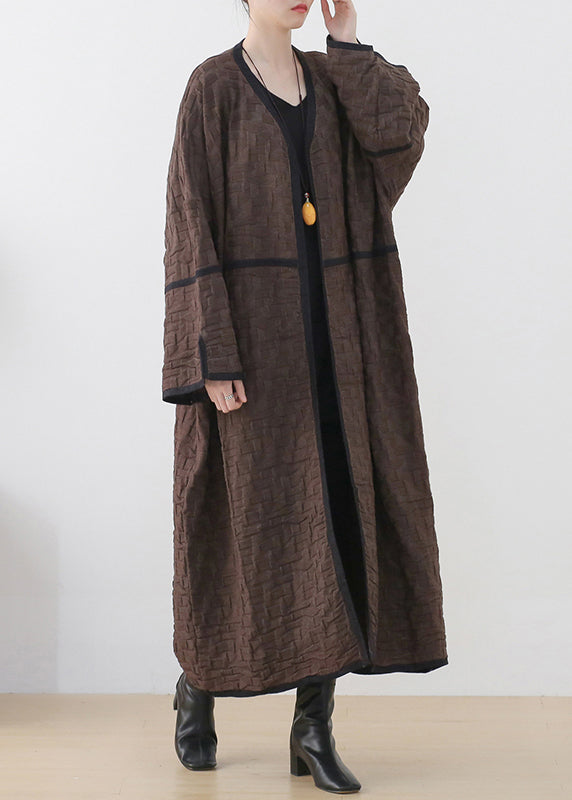 Coffee Colour V Neck Patchwork Woolen Trench Coats Long Sleeve