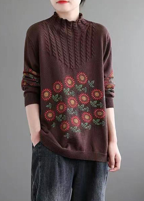 Coffee Cozy Patchwork Knitted Cotton Sweaters Turtleneck Long Sleeve