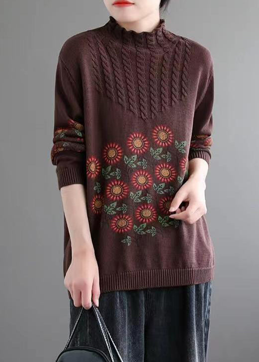 Coffee Cozy Patchwork Knitted Cotton Sweaters Turtleneck Long Sleeve