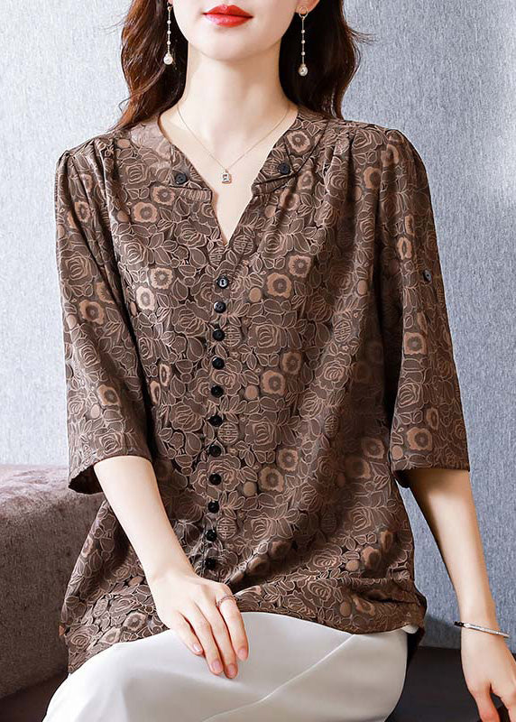 Coffee Dot Button Silk Shirts Half Sleeve