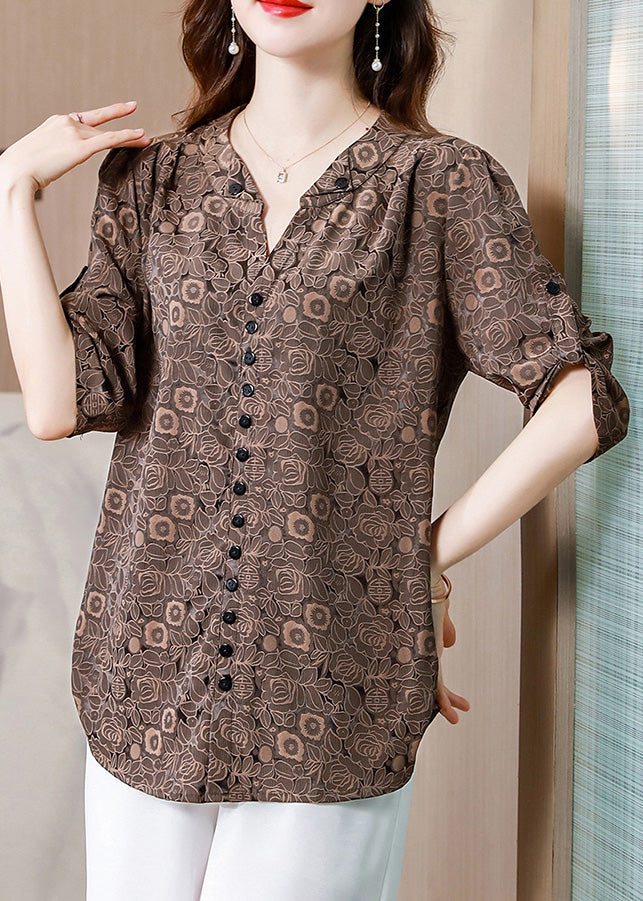 Coffee Dot Button Silk Shirts Half Sleeve