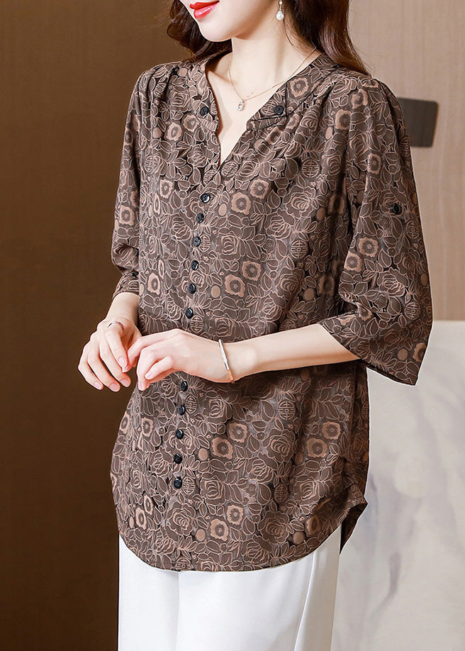 Coffee Dot Button Silk Shirts Half Sleeve