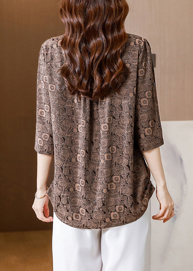 Coffee Dot Button Silk Shirts Half Sleeve