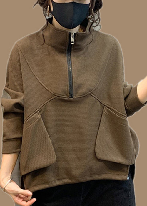 Coffee Drawstring Patchwork Warm Fleece Top Stand Collar Long Sleeve
